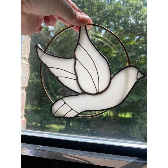 Stained Glass Dove Sun Catcher With Brass Circle Frame Handmade Bird Decor I nch - Picture 1 of 4